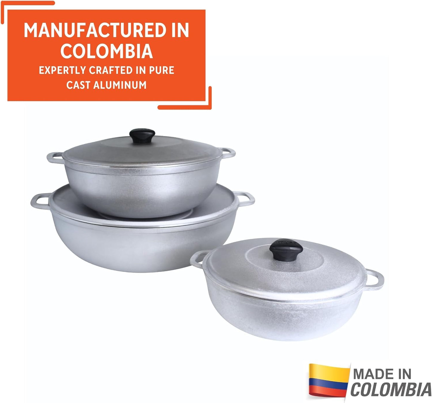 Juego 3 Ollas Aluminio Fundido 1.5/3.5/7qt Asas Remachadas Plateado