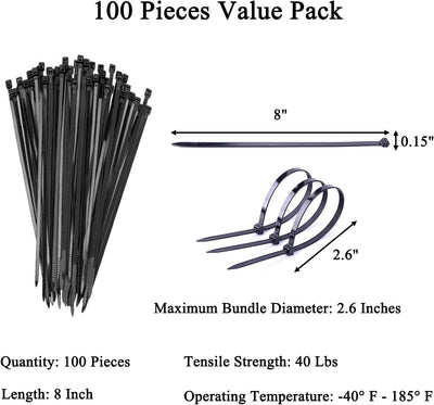 Cordones para cerrar 8 pulg negros 100 pzas resistencia 40 lbs
