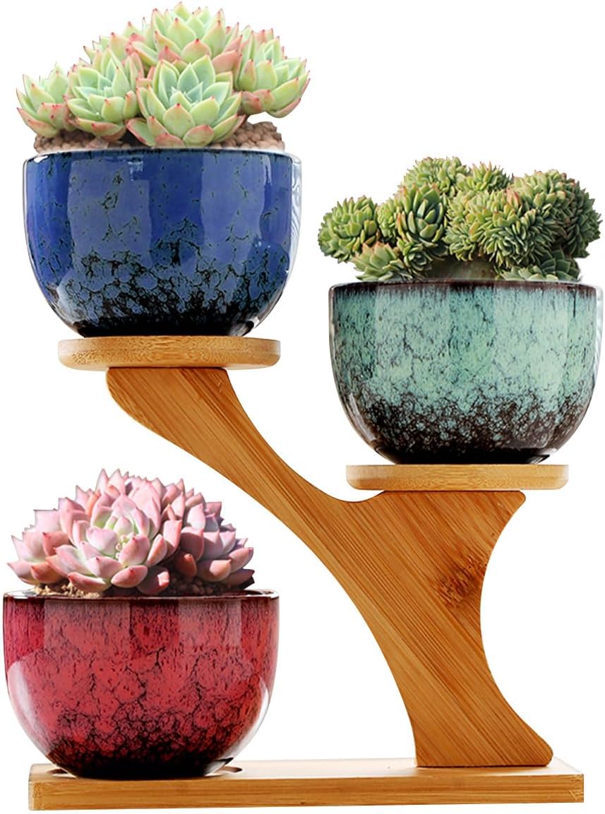 Macetas cerámica 3 niveles bambú drenaje decorativas