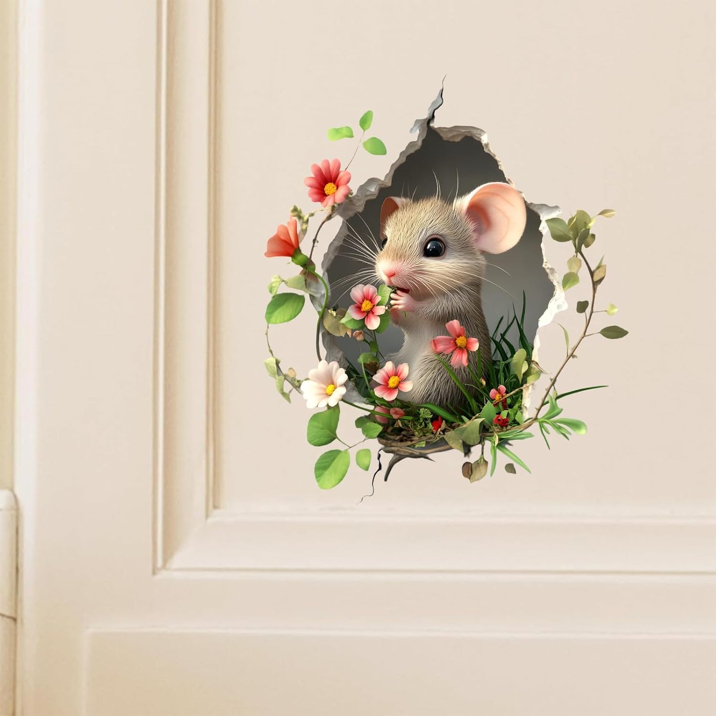 Adhesivo 3D mamá y bebé ratón con flores para pared