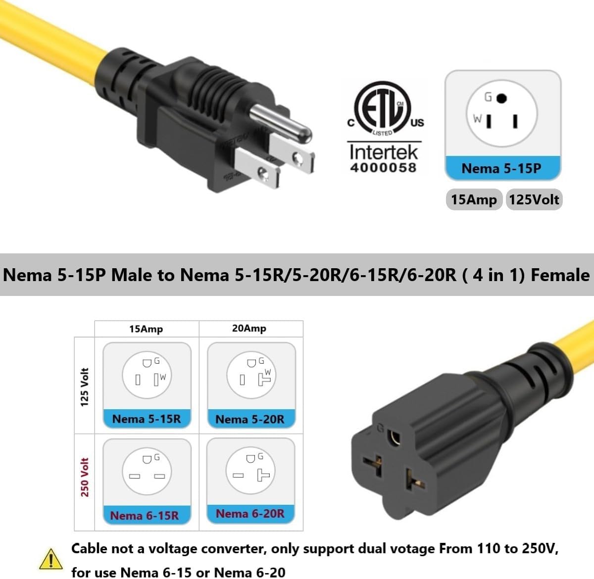 Enchufe doméstico 6 pies 15-20A Nema 5-15P a 5-20R