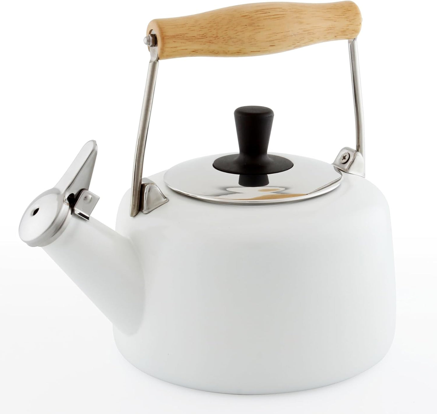 Tetera Silbante Esmaltada Acero Mango Madera 1.4qt Blanco Mate