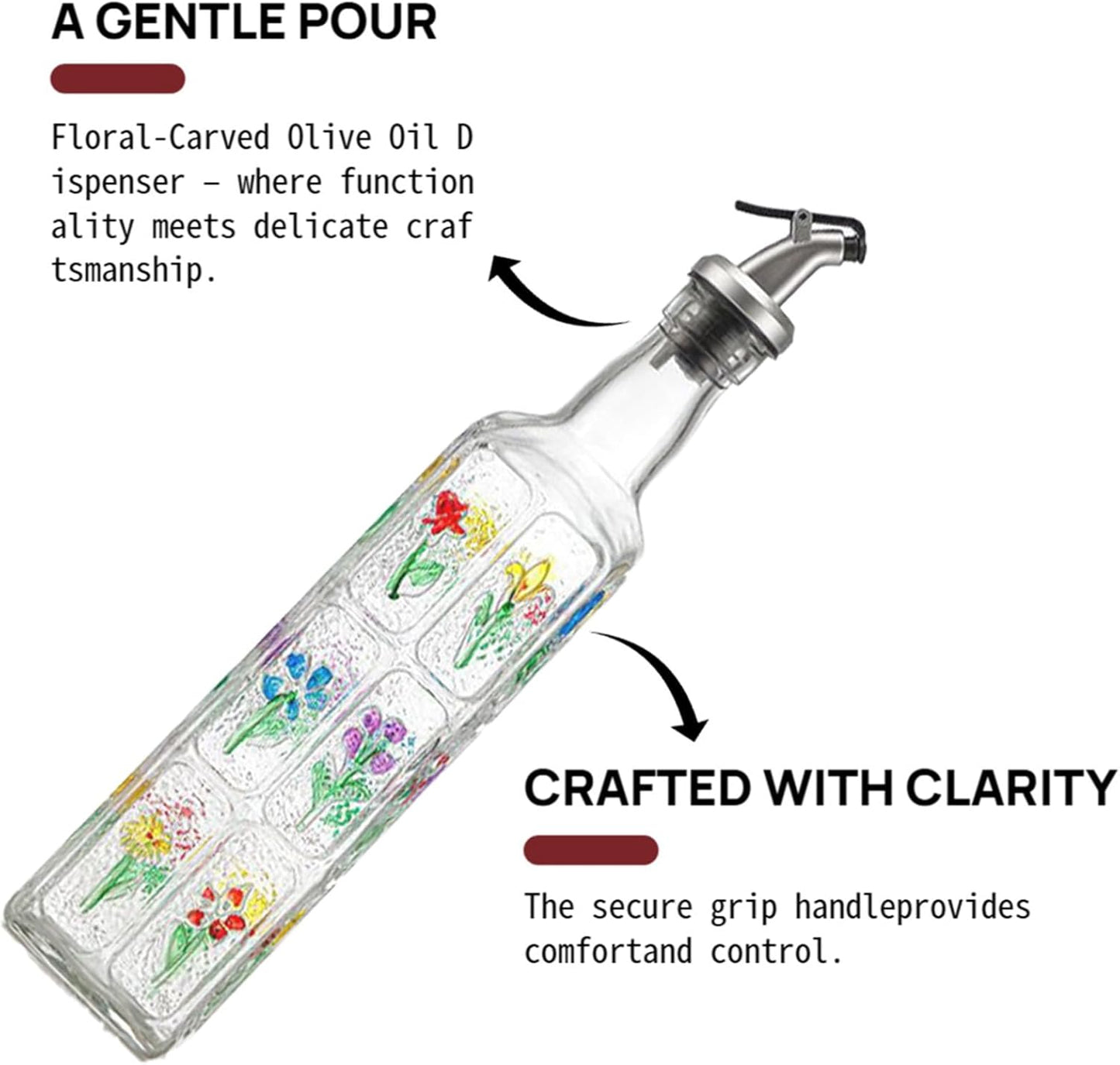Botella de aceite con diseño floral de 500 ml con vertedor de acero inoxidable