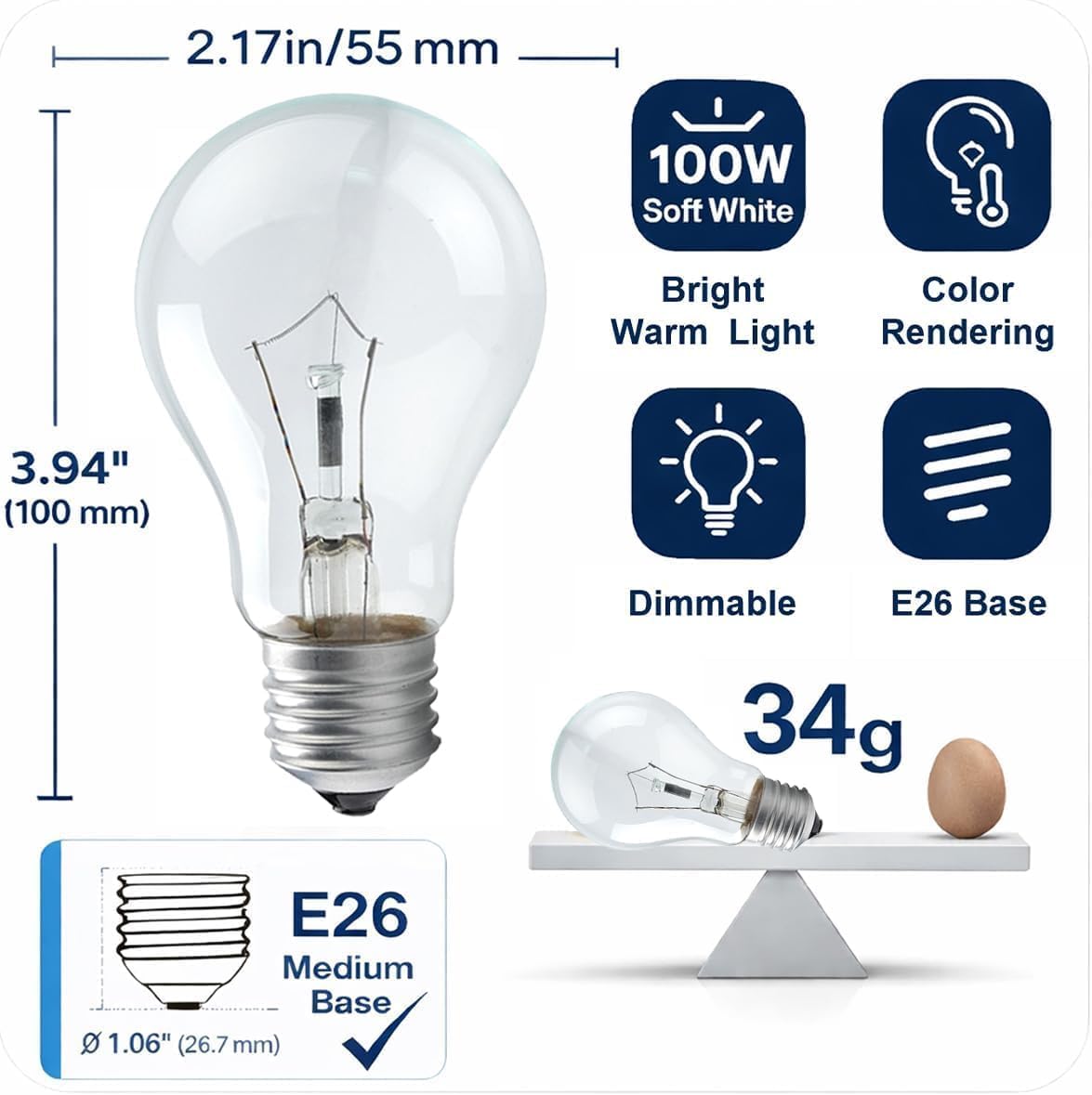 4 Bombillas Incandescentes A19 E26 100W Blanco Suave Regulables