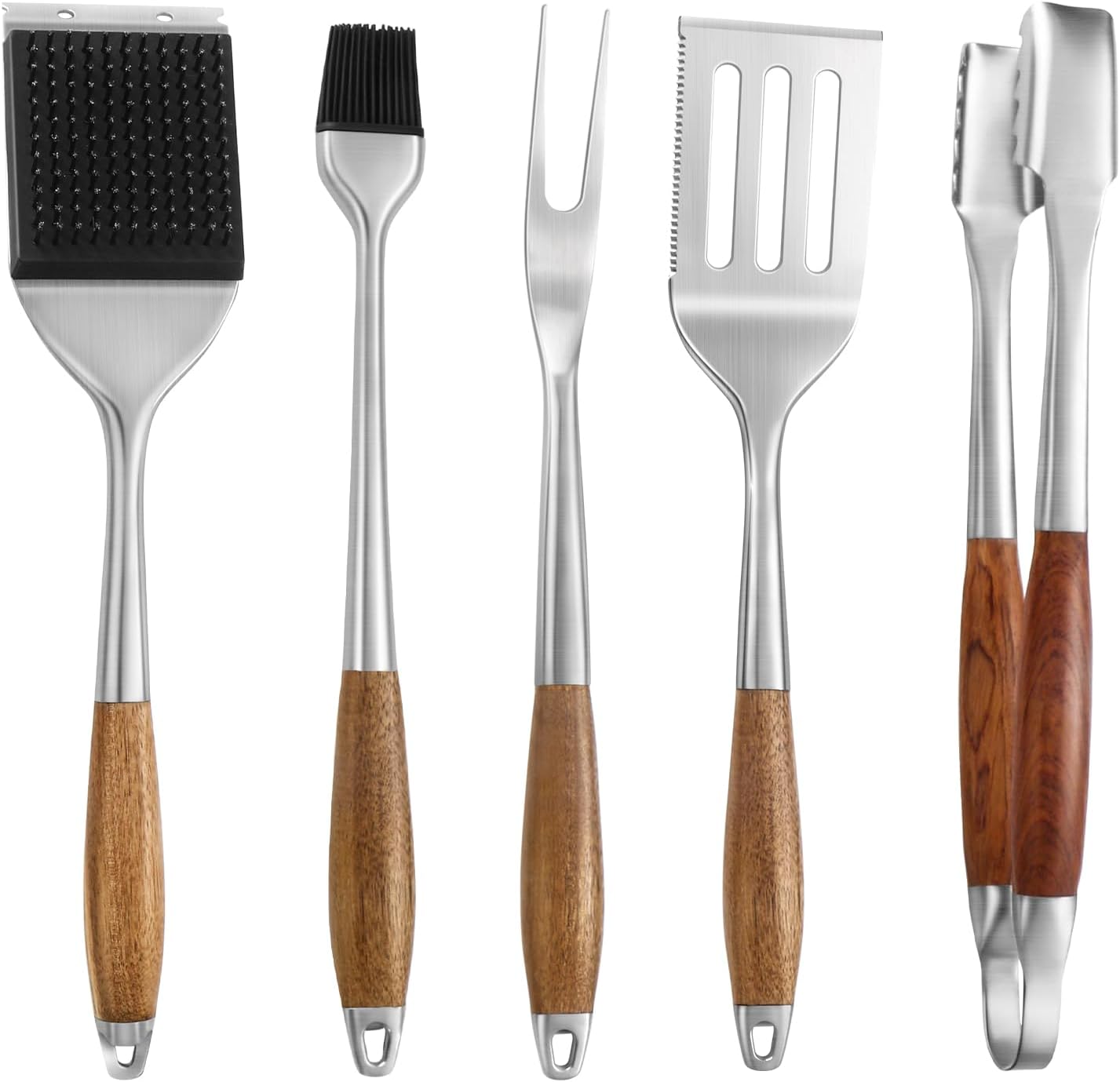 Set 5 herramientas barbacoa madera rosa acero inox cepillo