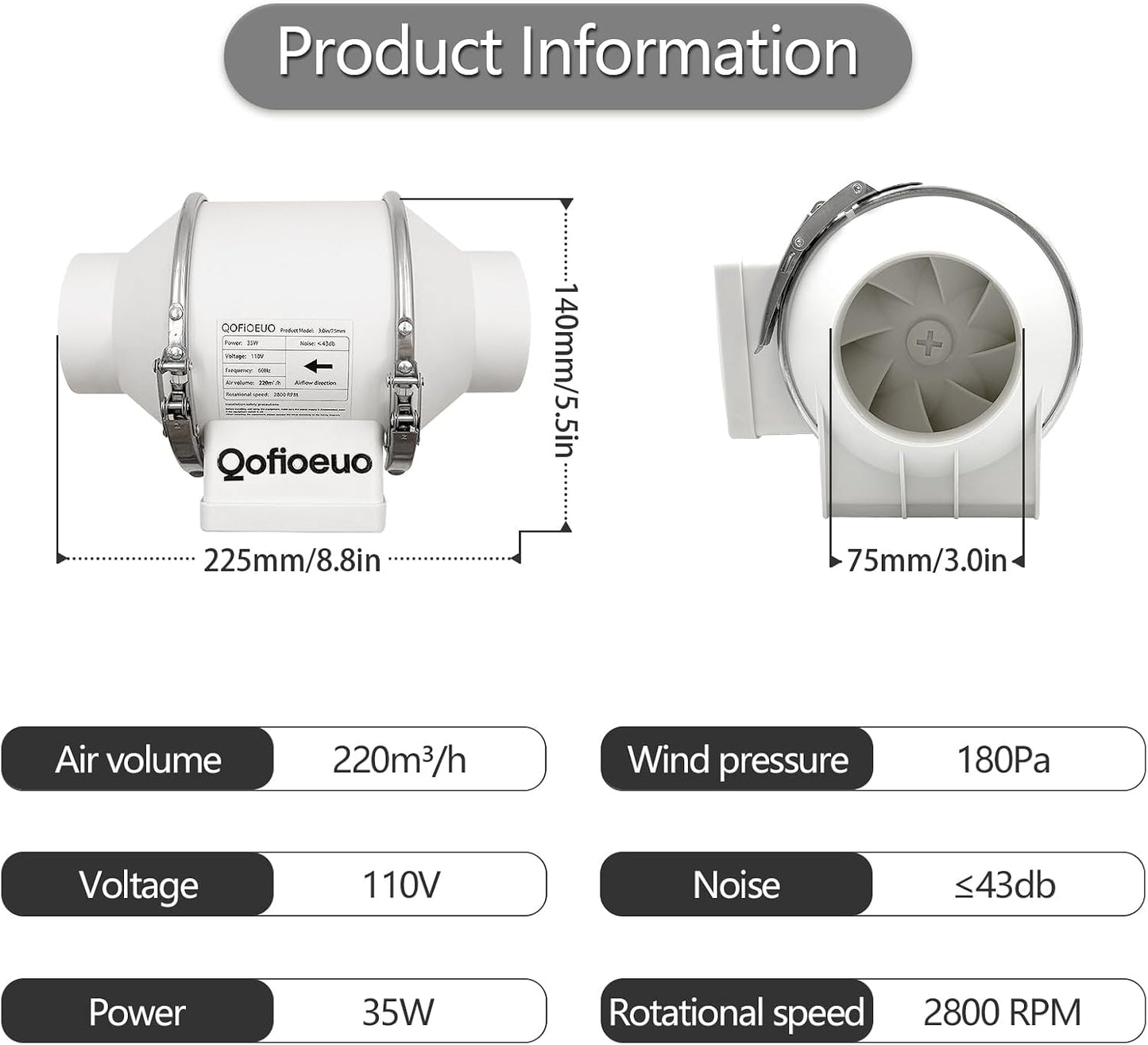 Ventilador conducto 3pulg CA con tubo 6.6ft flujo aire bajo ruido