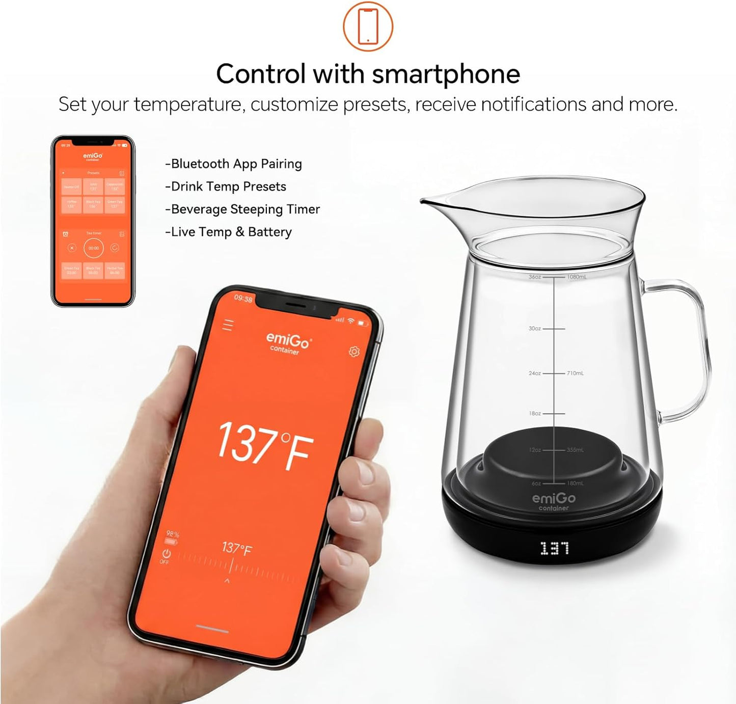 Cafetera inteligente 36oz jarra vidrio Bluetooth