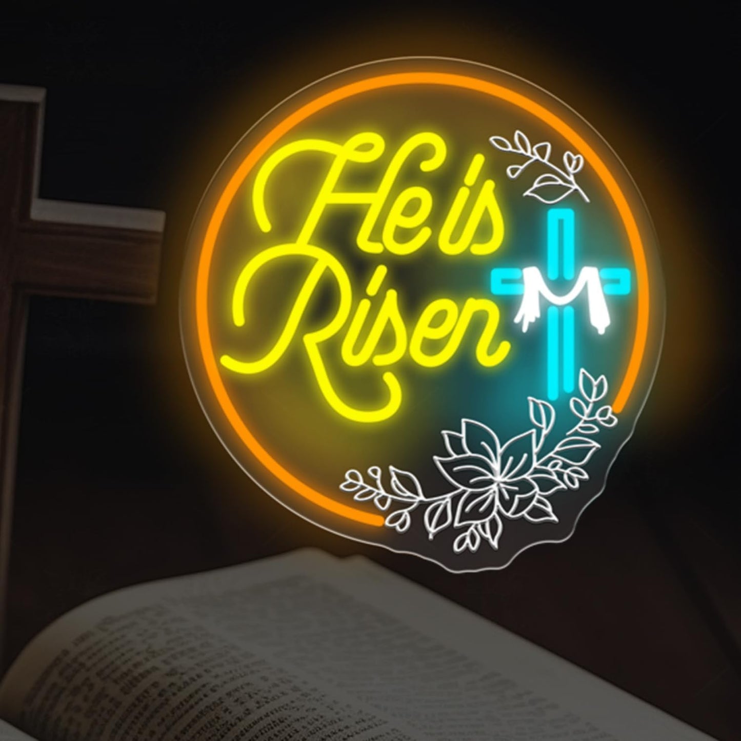 Letrero neón He Is Risen decoración Pascua