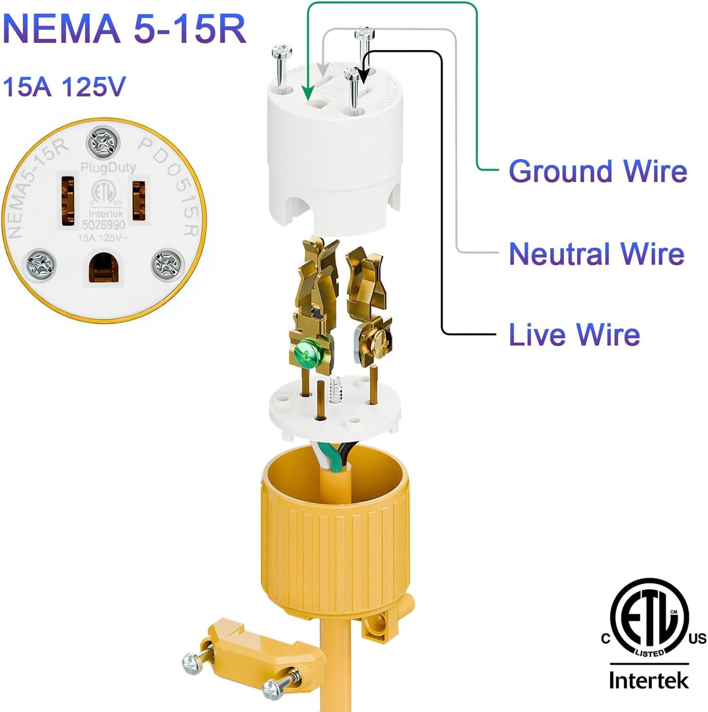 Tomacorriente Nema 5-15R con cable automático 15A 125V