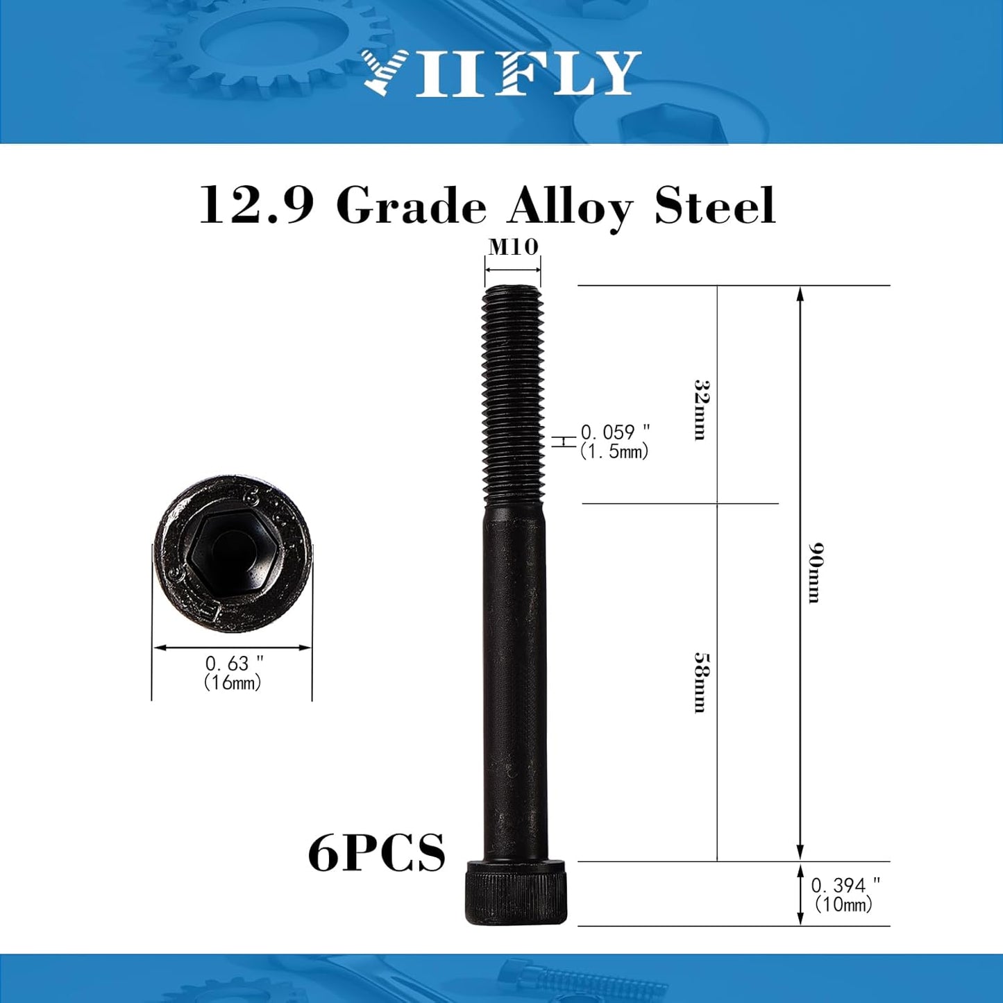 Tornillos M10 Allen acero grado 12.9 negro 6 Pzas