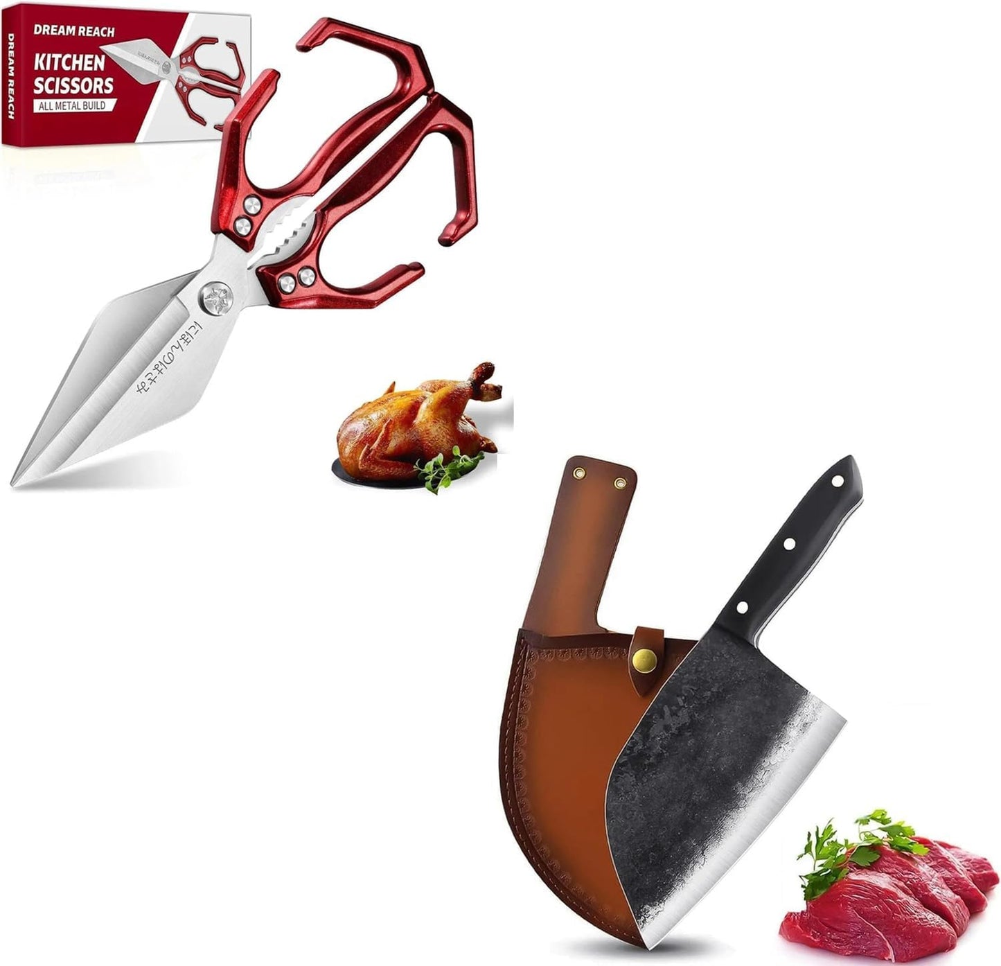 Tijeras de cocina pesadas Dream Reach rojas con cuchillo chef forjado y funda de cuero