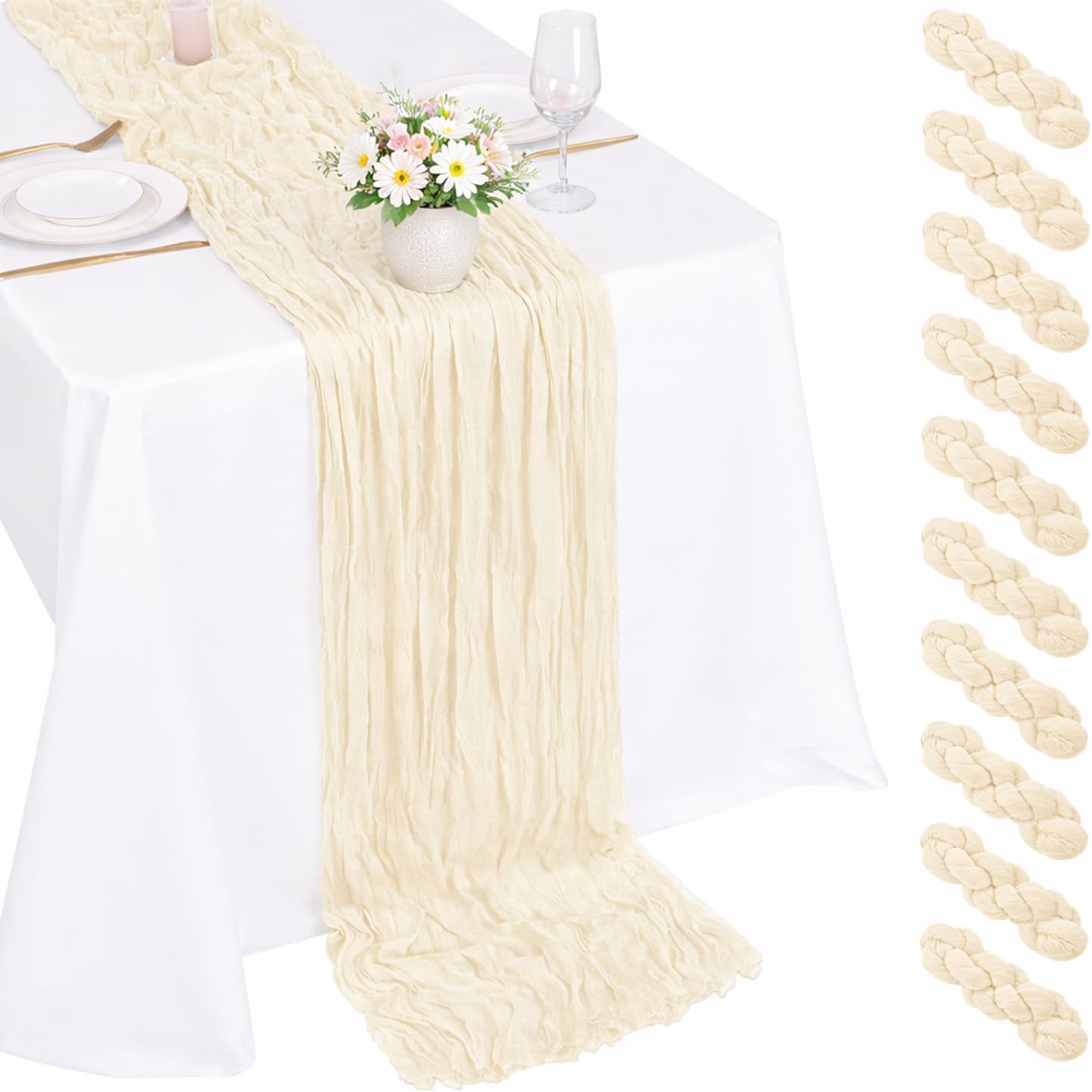 Paquete de 10 caminos de mesa de gasa beige y transparente para bodas y eventos