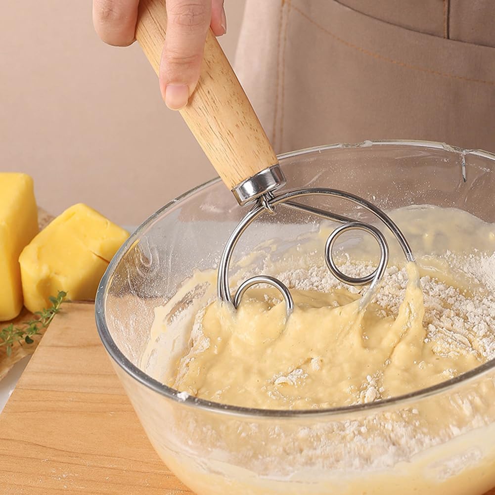 Batidor masa madre acero inox 13pulg mango madera doble ojo