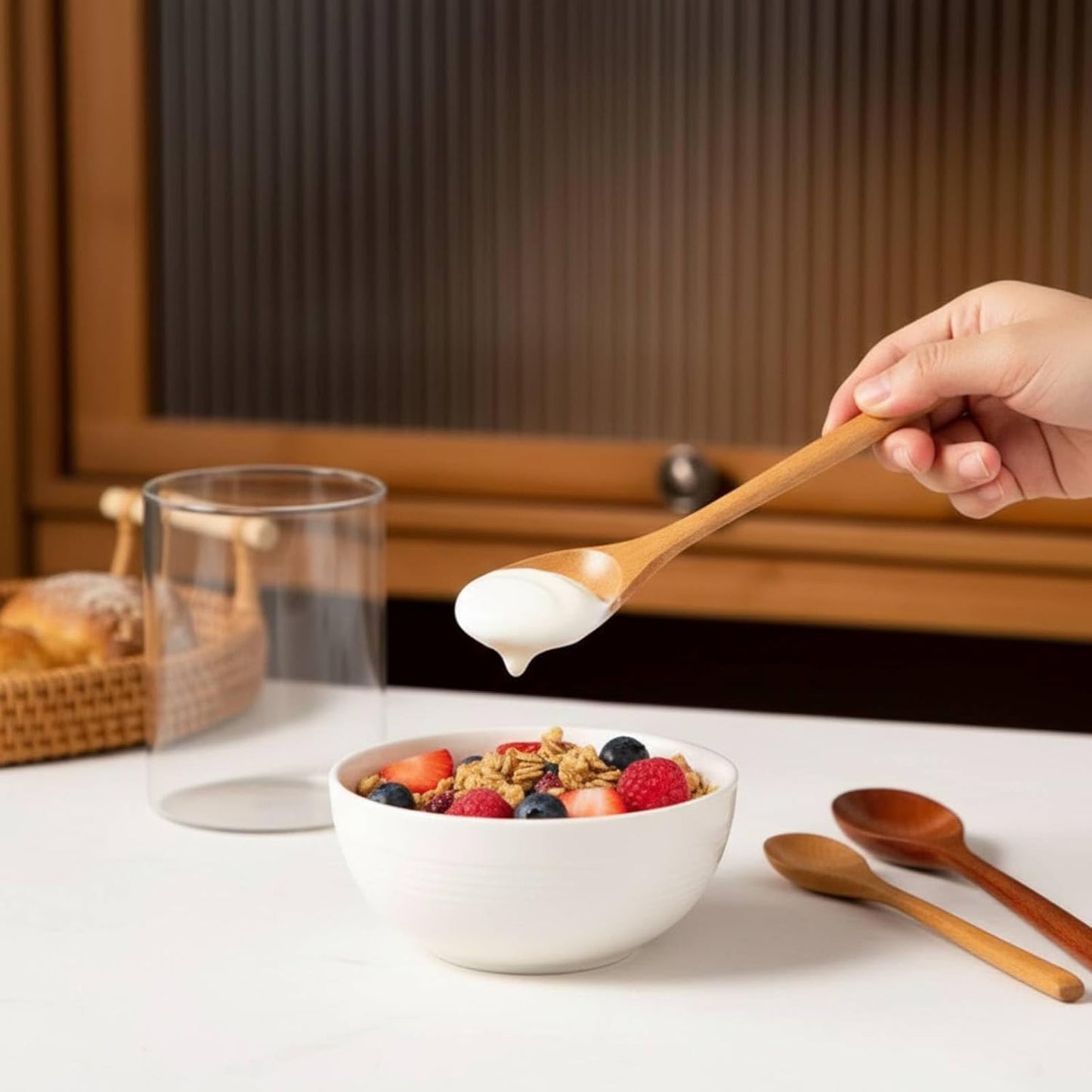 Juego de 4 cucharas de madera para mezclar y comer