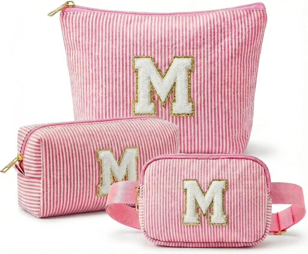 Set 3 bolsas maquillaje viaje con monograma y bolsa cintura