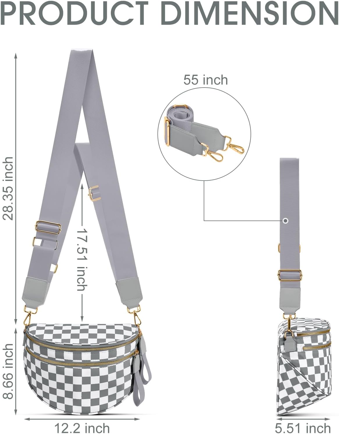 Bolso cruzado a cuadros espacioso mujer gris claro de moda