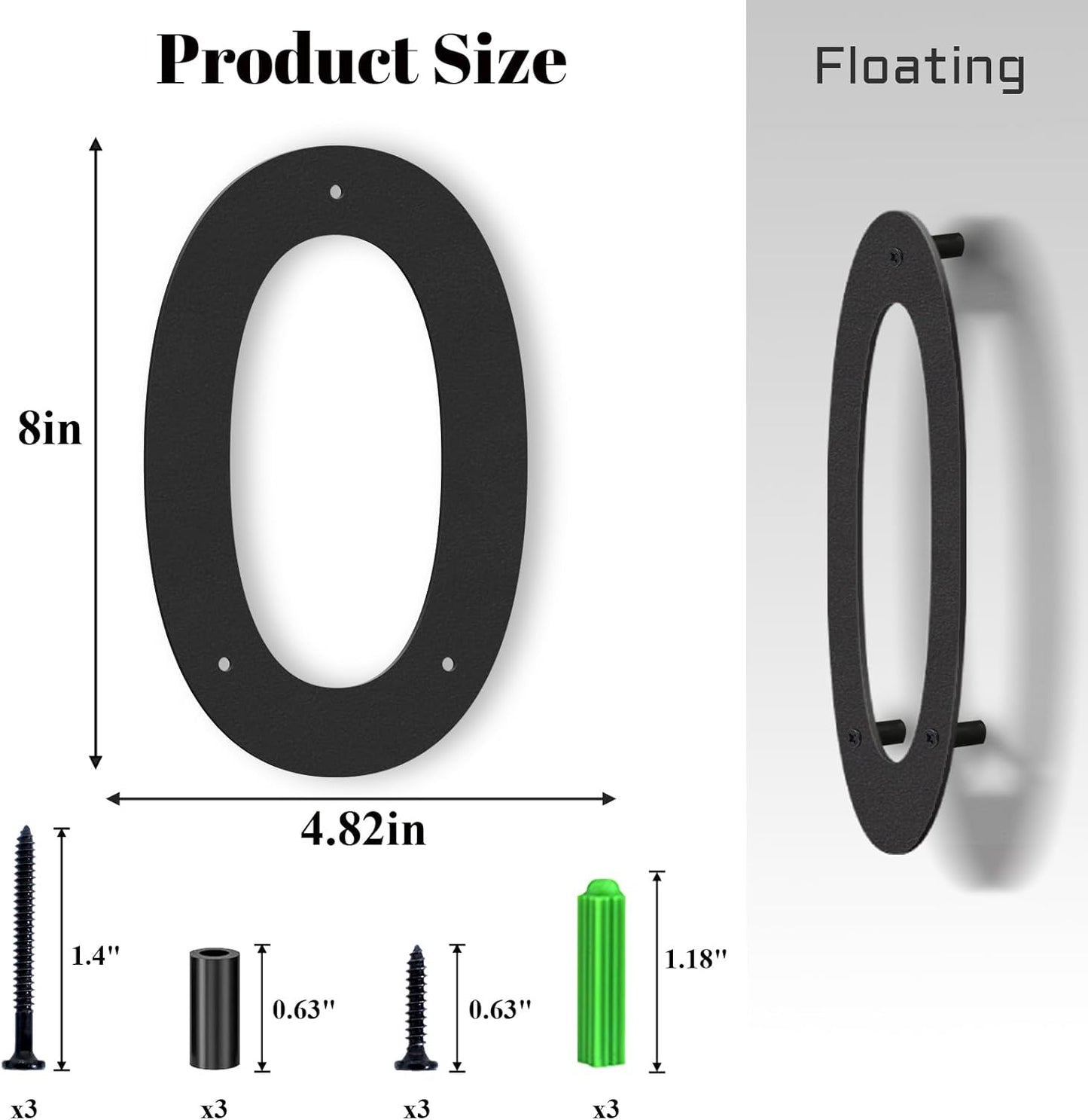 Números de casa 8pulg aluminio flotante negro