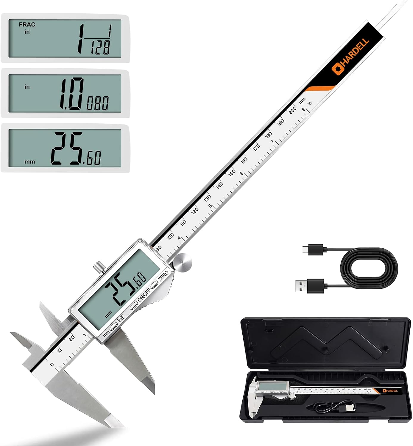 Pinza calibrador digital 8pulg acero inox USB-C LCD grande