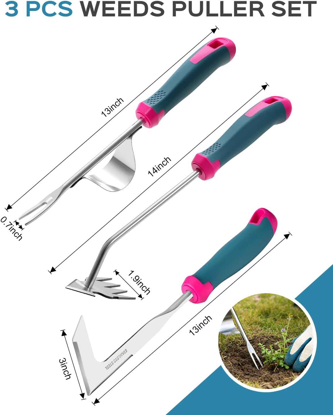 Juego extractores malezas acero inox mango ergonómico