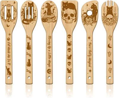 Juego de 6 cucharas de madera para gatos mágicos con diseño de esqueleto de bambú