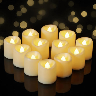 Paquete 12 Velas Votivas LED Parpadeantes 3D Sin Llama Base Marfil