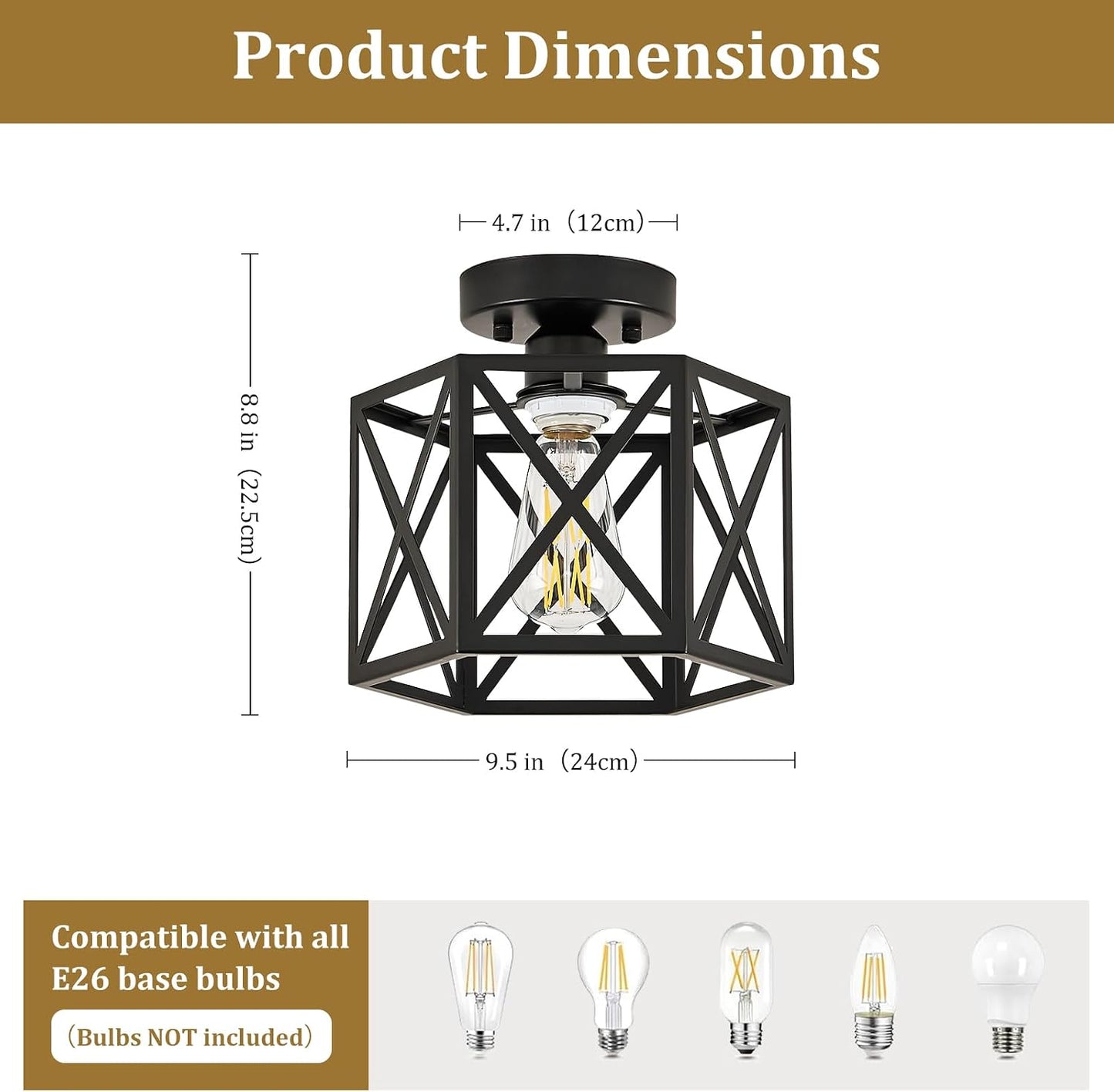 Lámpara techo industrial negra hexagonal 9.5pulg