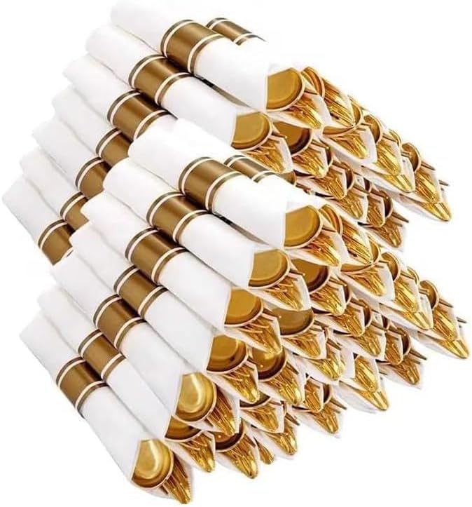Jgo 400 cubiertos plástico dorado 60 platos rosa flor