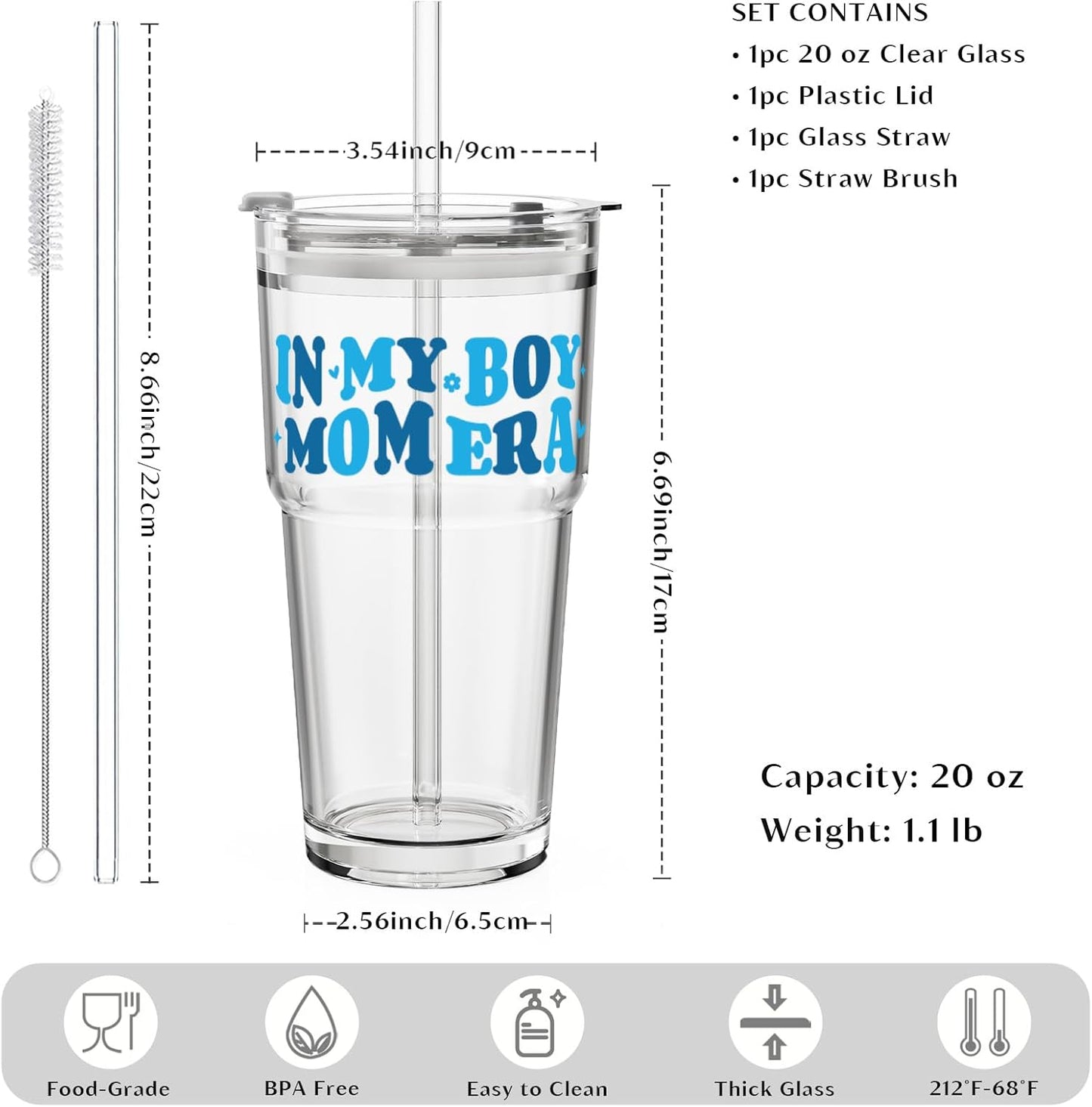 Vaso 20oz Vidrio con Tapón y Popote Regalo para Mamá