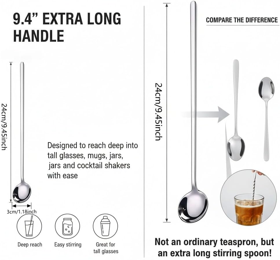 Set 4 cucharas café mango largo 9.5pulg acero inox plateado
