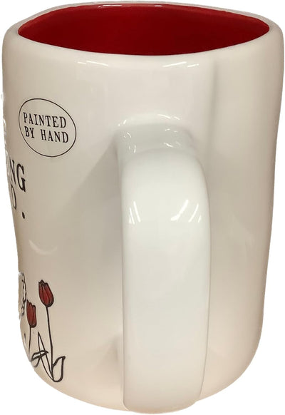 Taza café diseño pollo flores rojas blanco interior rojo