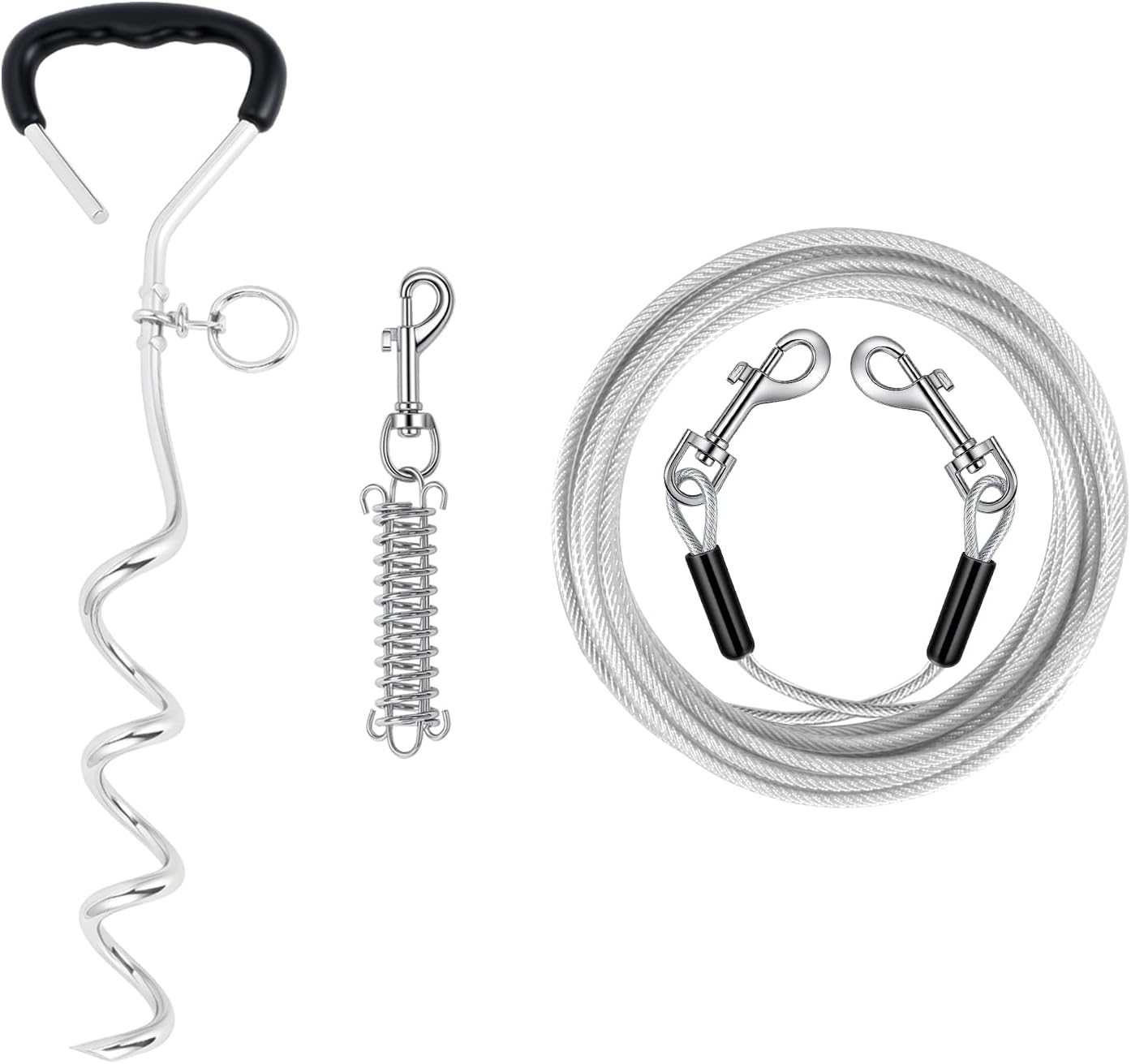Cable amarre perro 15ft con resorte desmontable y estaca 16.5pulg