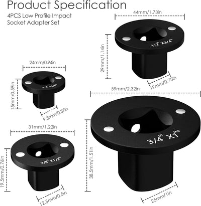 Juego adaptadores impacto perfil bajo 1" a 1/4" 4 Pzas