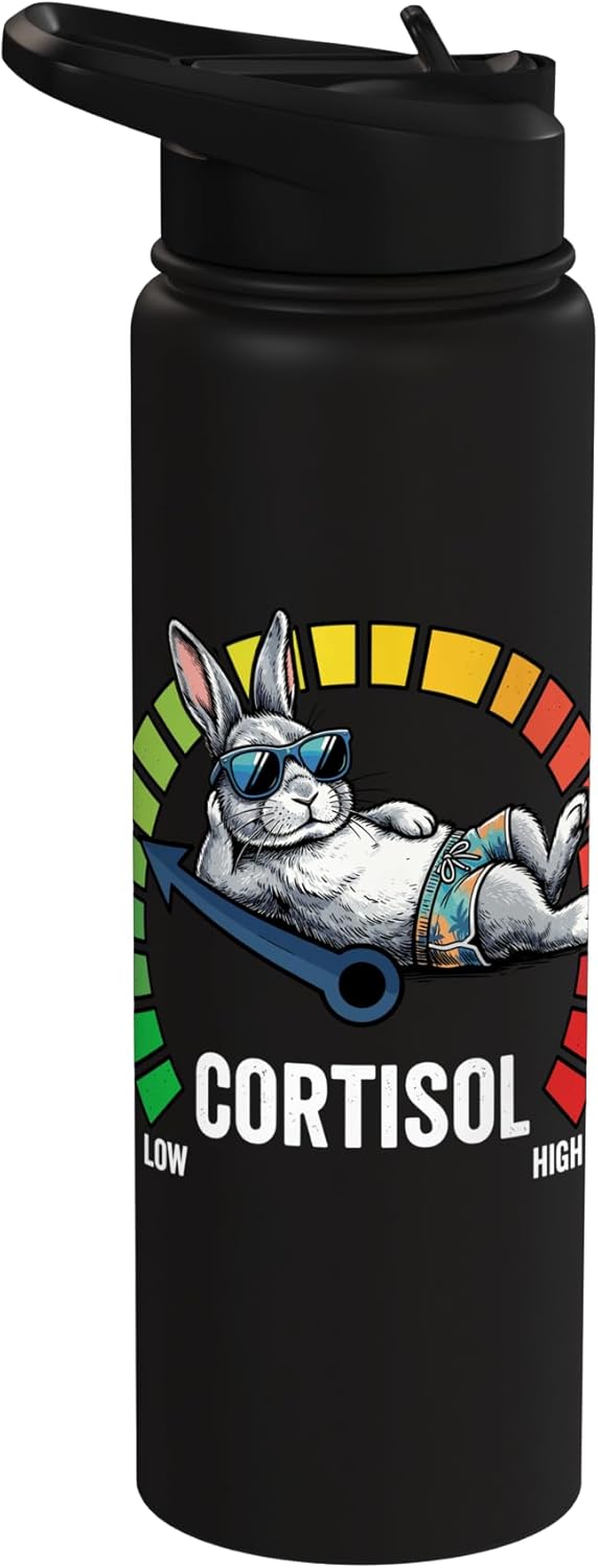 Botella agua acero inox aislada con meme conejo bajo cortisol