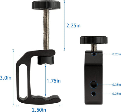 2 abrazaderas C universales orificios 1/4 y 3/8 soporte escritorio