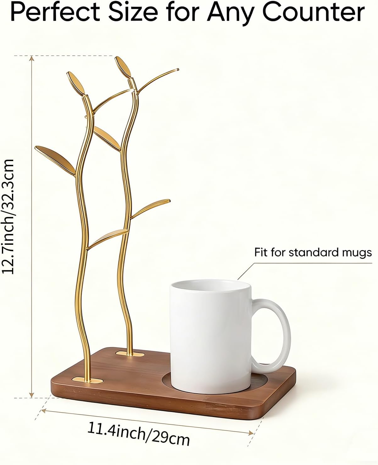 Soporte tazas madera 8 ganchos dorados antideslizante