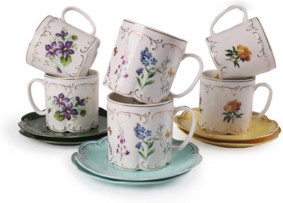 Juego de 6 tazas de té en relieve con glaseado floral