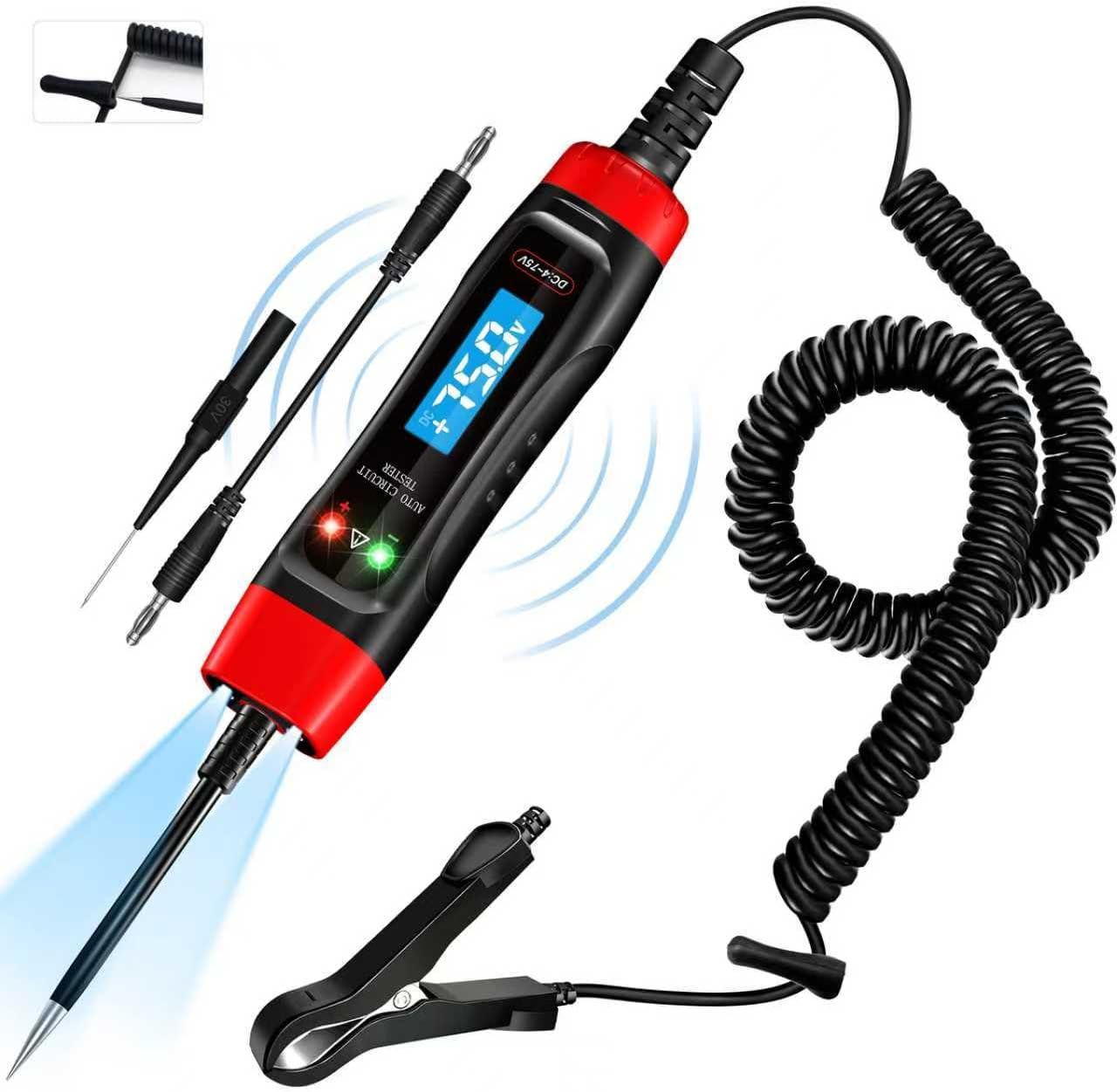 Probador voltaje auto 4-75V LCD sonido sonda fusible