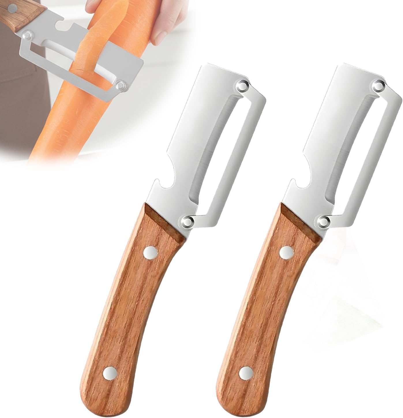 Pelador 2en1 acero inox mango madera abridor botellas