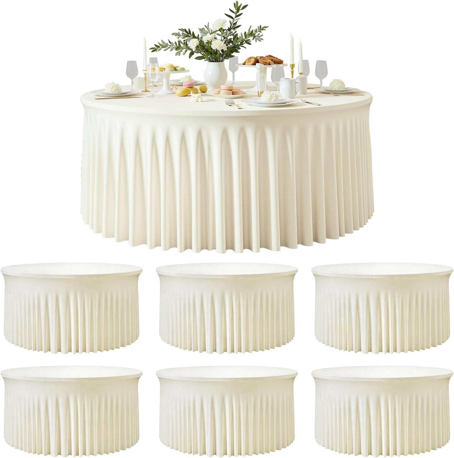 Manta para mesa redonda de spandex ivory con falda ajustable