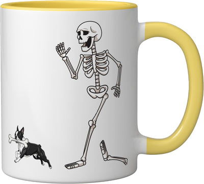 Taza Cerámica Halloween Boston Terrier Esqueleto Amarillo Blanco