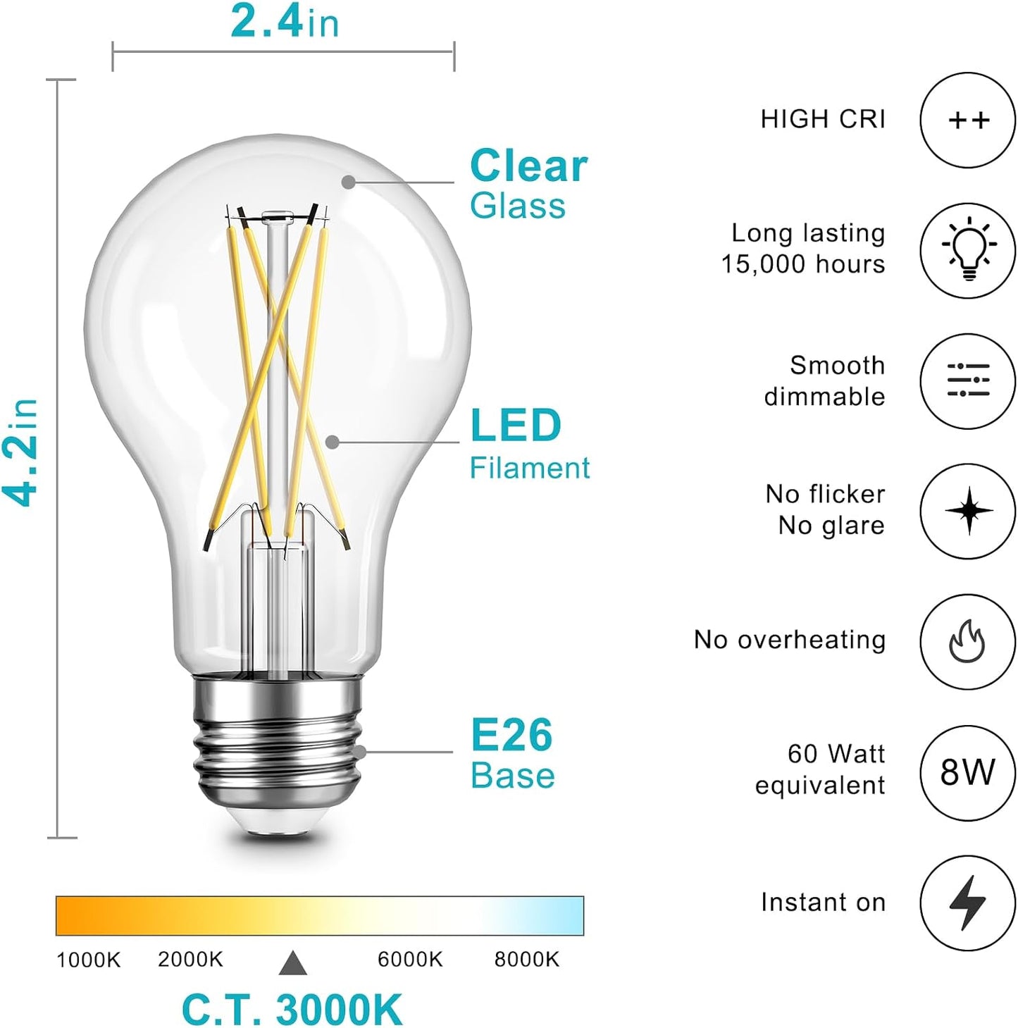 6 Bombillas LED Edison A19 Vintage 3000K 8W E26
