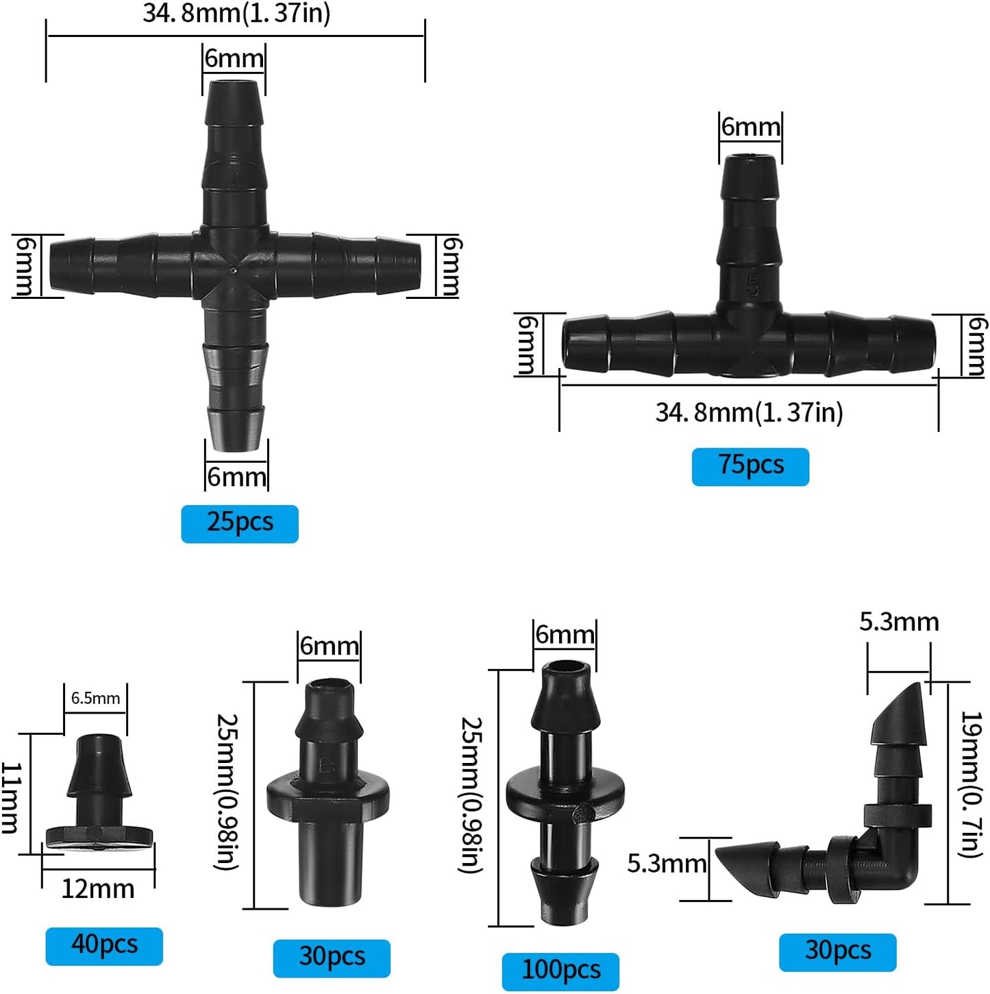 Kit 300 accesorios riego 1/4pulg conectores púas tees enchufe