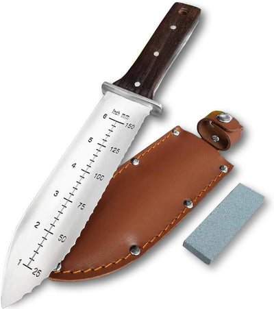 Cuchillo jardín Hori Hori acero inox con funda cuero