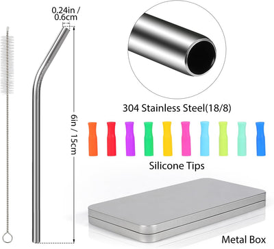 10 Pzas Pajitas Acero Inox 6pulg Flexible Tapa Silicona