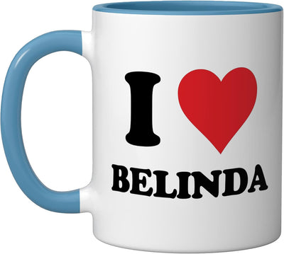 Taza cerámica personalizada azul/blanco I Heart Belinda