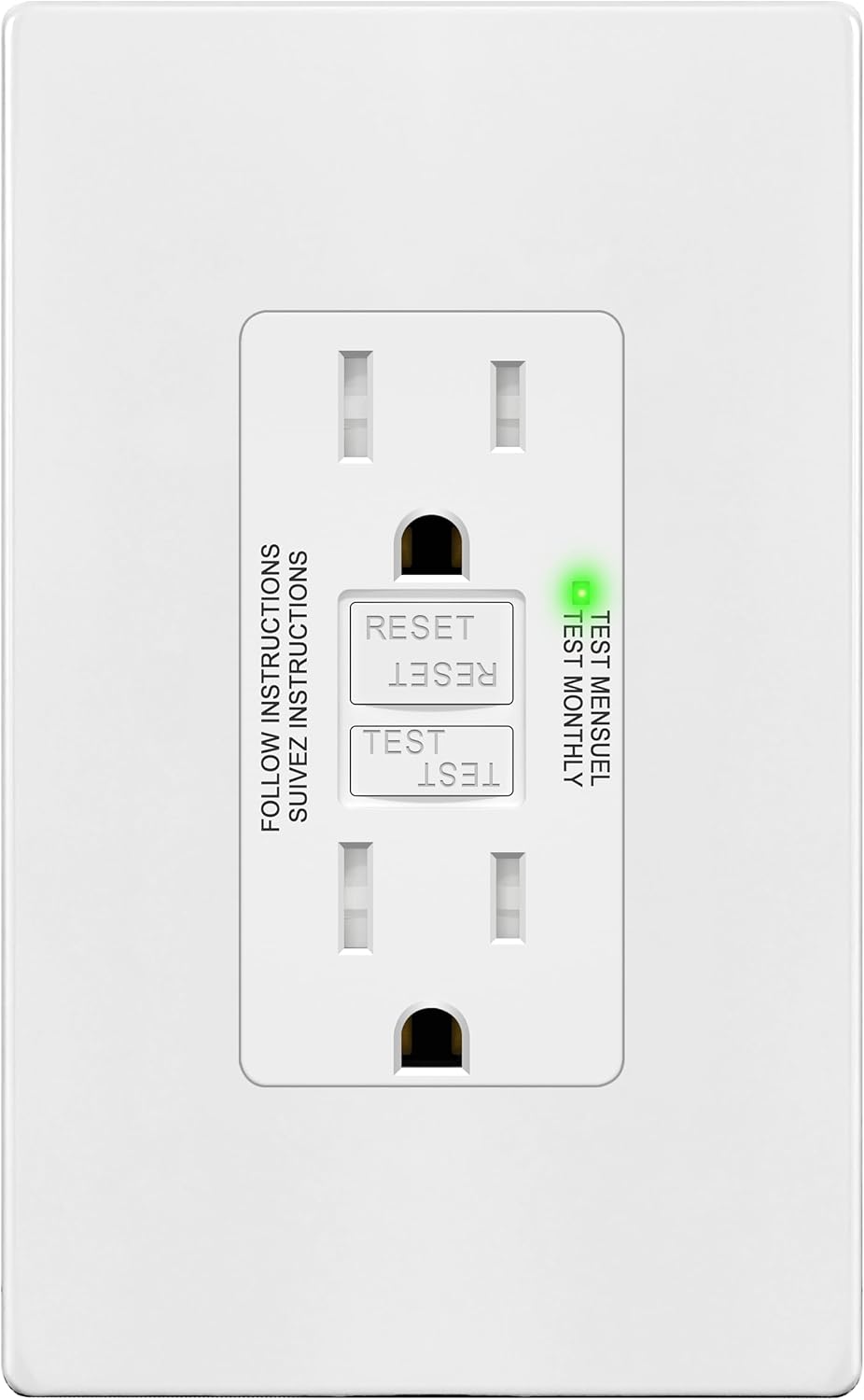 Toma GFCI 15A con LED certificación ETL placa pared blanco