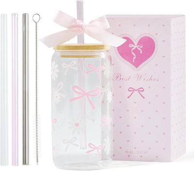 Taza cristal Coquette con lazo rosa tapas pajitas diseño femenino