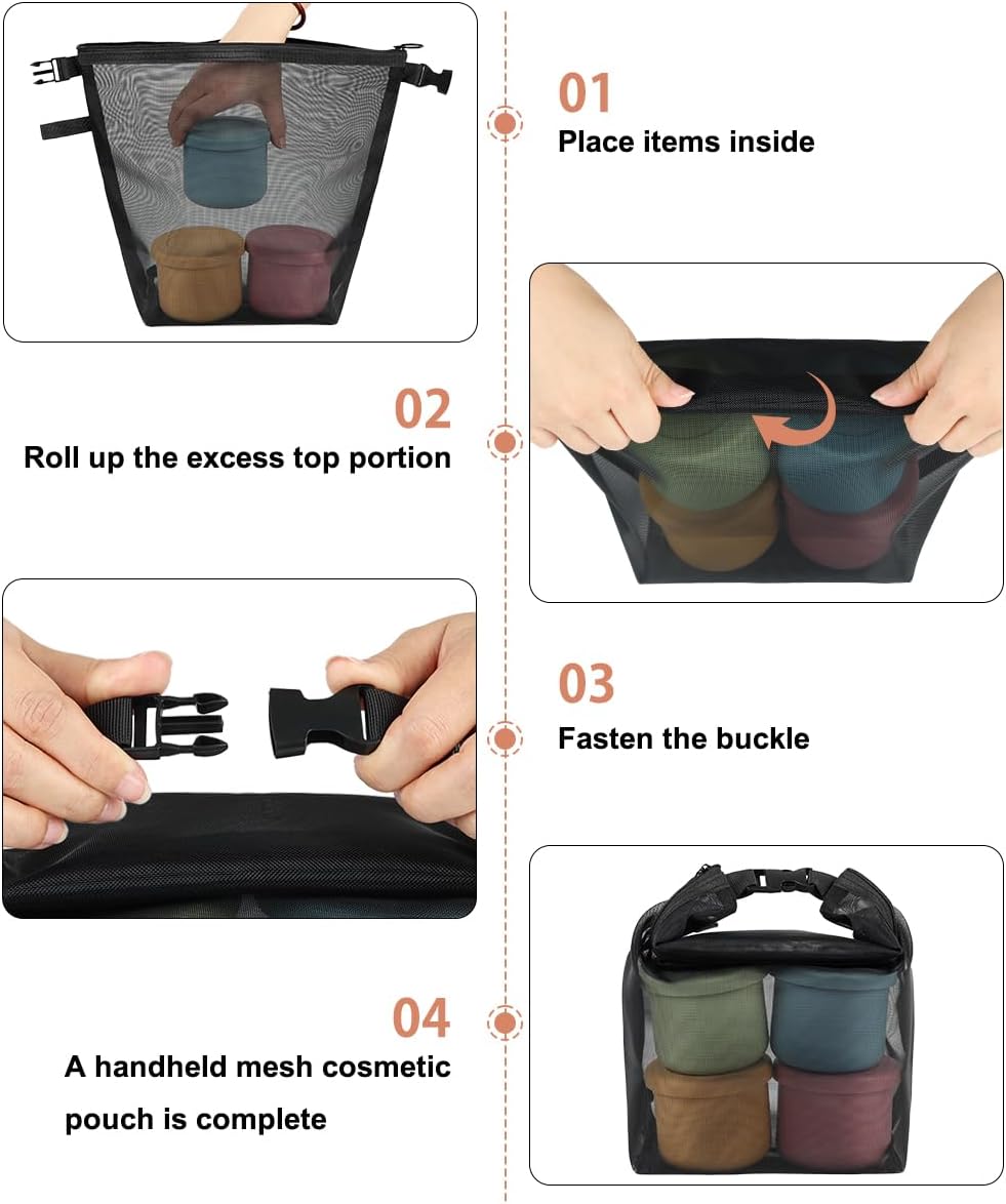 Bolsa maquillaje malla con asa hebilla viaje negro