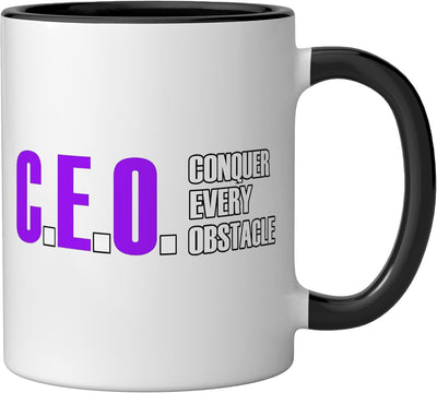 Taza cerámica con diseño púrpura y gráfico para superar obstáculos