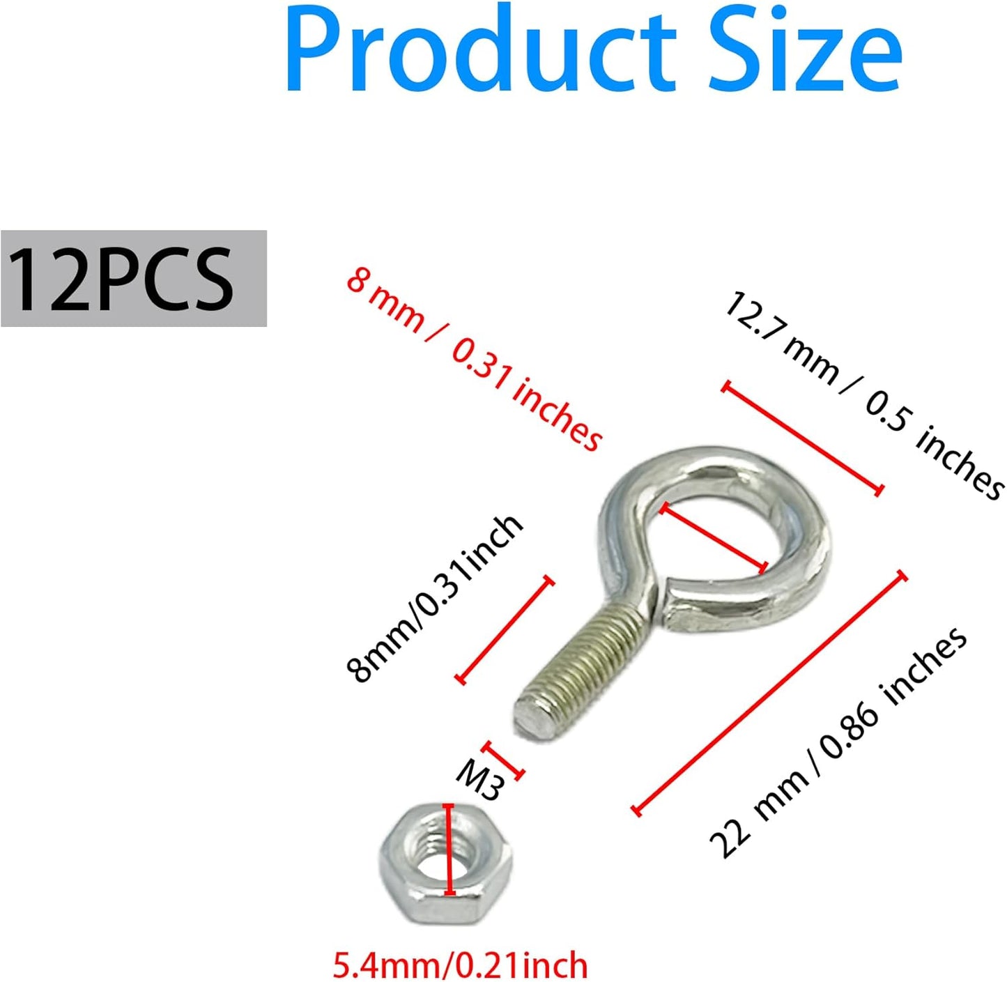12 Pzas Perno Ojo M3x8mm Acero Carbono Chapado Zinc